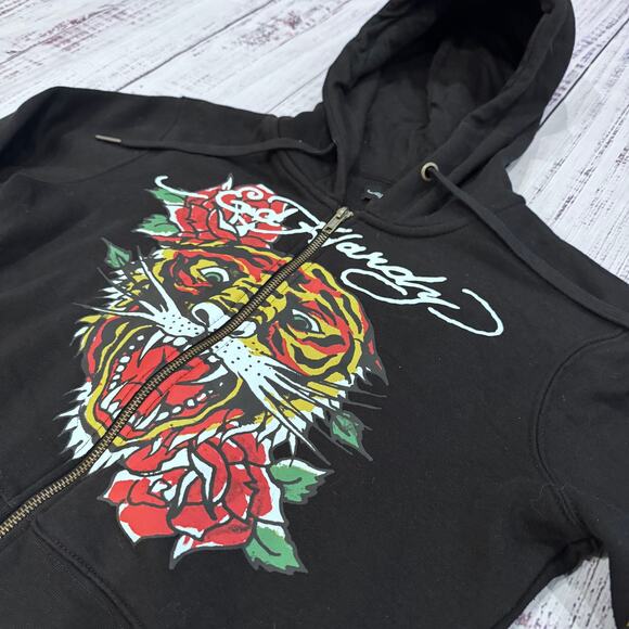 Ed Hardy Tops - Ed Hardy Black Hoodie with Tiger and Rose Design